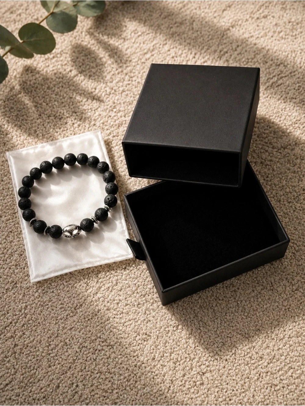 Men's Black Lava Bead Bracelet with Silver Accent